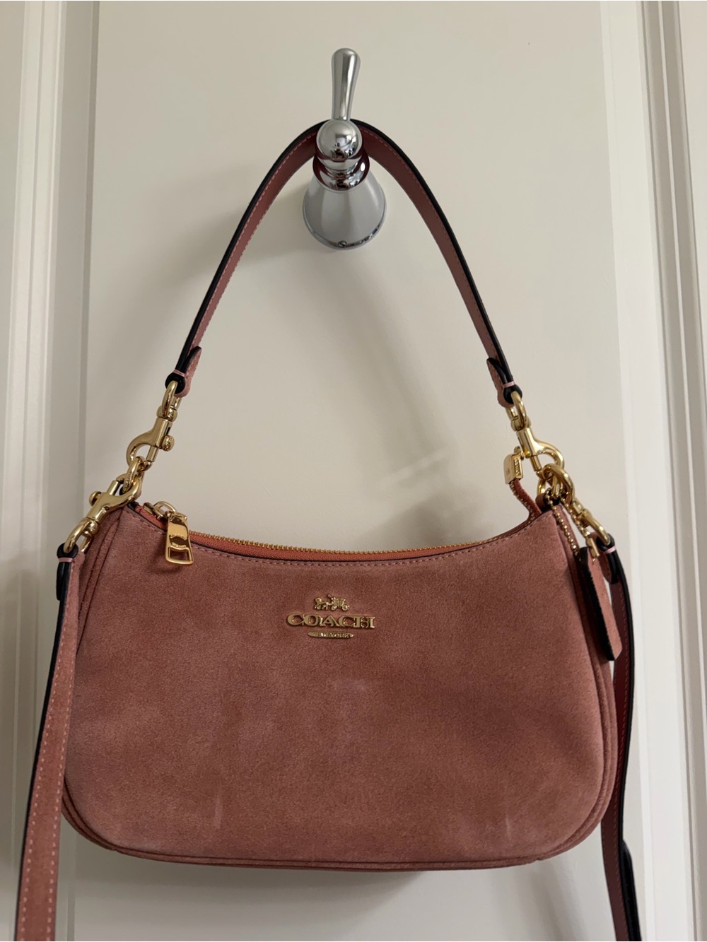 COACH Teri Shoulder Bag in Blush Pink Suede